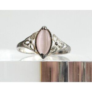 Faux Moonstone Floral Framed 925 Sterling Silver Vintage Ring - sz 8.75